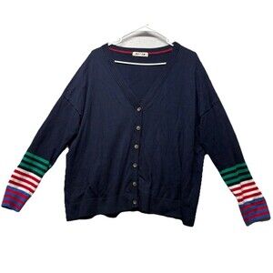 Boden Annie Navy Blue Wool Blend Multi Striped Cardigan Sweater Women XL
